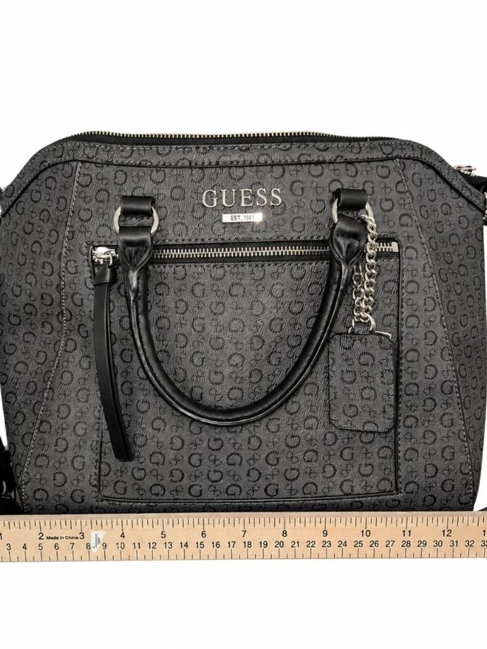 GUESS Satchel Shoulder Bag Gray Black Logo Print Dome Purse